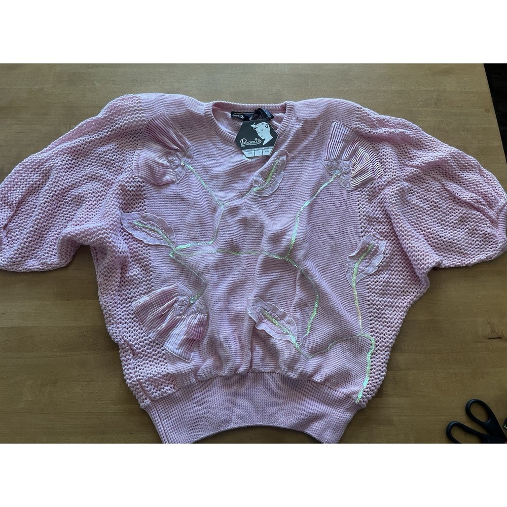 Vtg 80s Rochelle California Knit Sweater Women's Sequin Pink Flower Sx L NEW